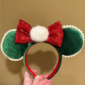 Festive Green and Red Velvet Minnie Mouse Ears Headband